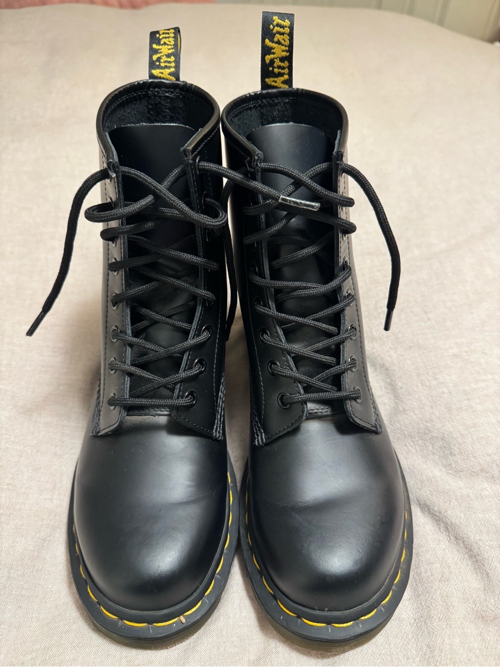 Dr. Martens Black Leather Lace Up Boots with Yellow Stitching Women’s US 9 EU 41